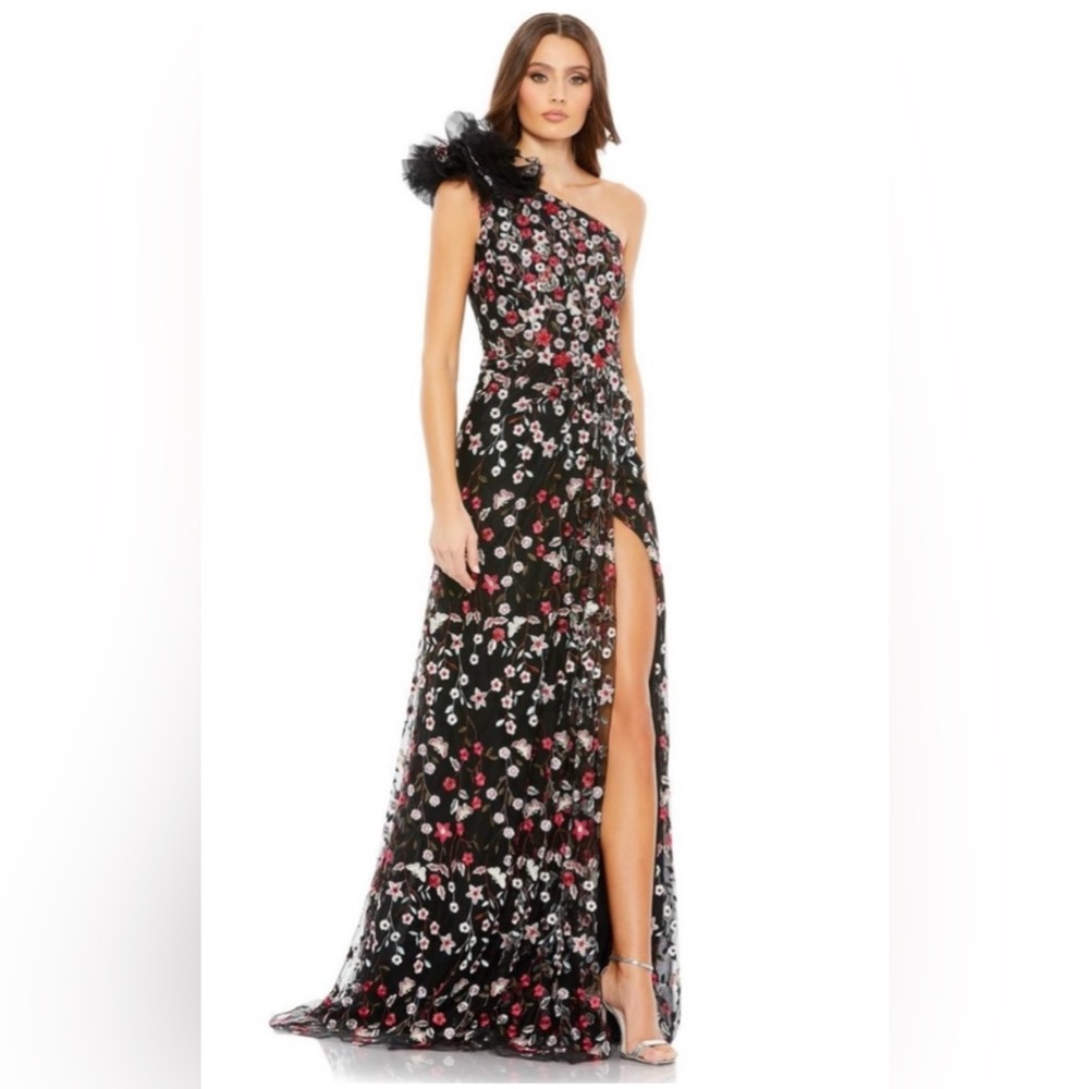 EMBELLISHED RUFFLED ONE SHOULDER A LINE GOWN - Color Black Multi NWT sz 2